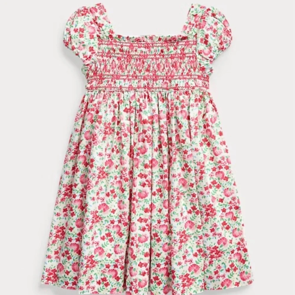 Ralph Lauren Smocked White and Pink Sundress with Square Neck